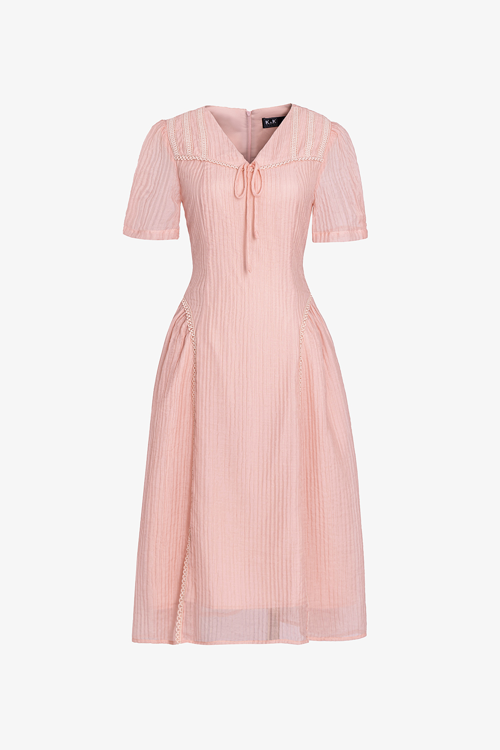 Đầm xòe hồng cổ V đính nơ phối ren