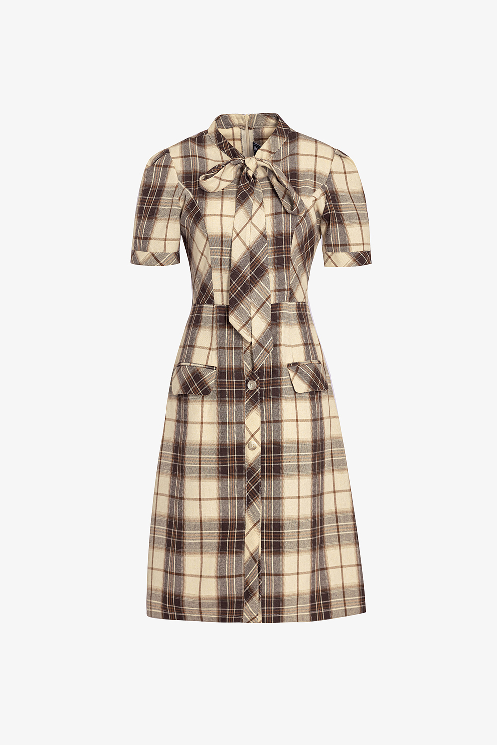 Đầm caro dáng chữ A cổ phối nơ