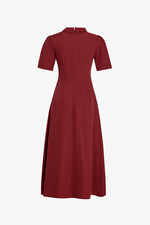 Đầm đỏ dáng xòe cổ sơ mi phối nút