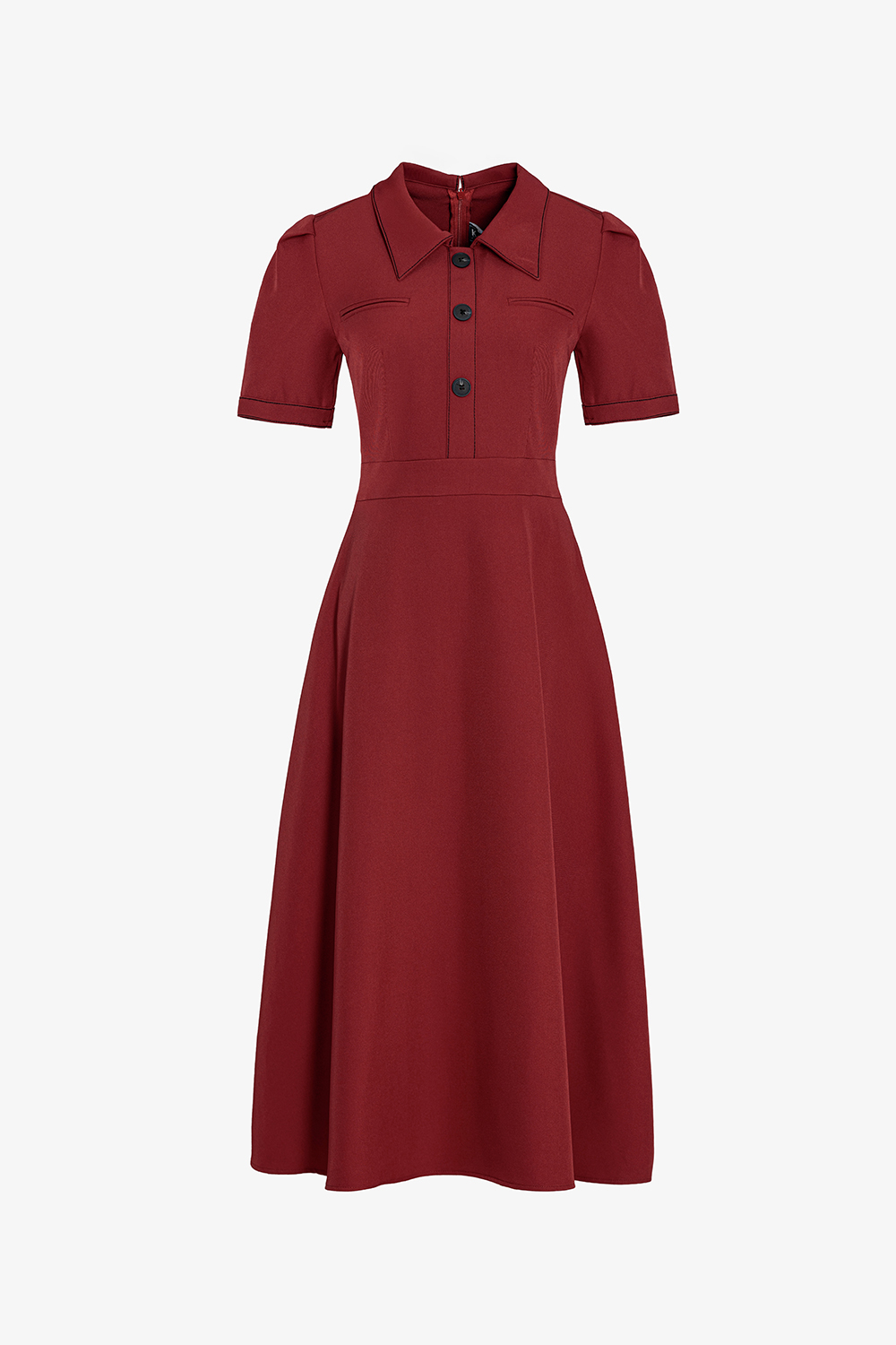 Đầm đỏ dáng xòe cổ sơ mi phối nút