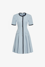 Đầm chữ A xếp ly màu xanh viền đen