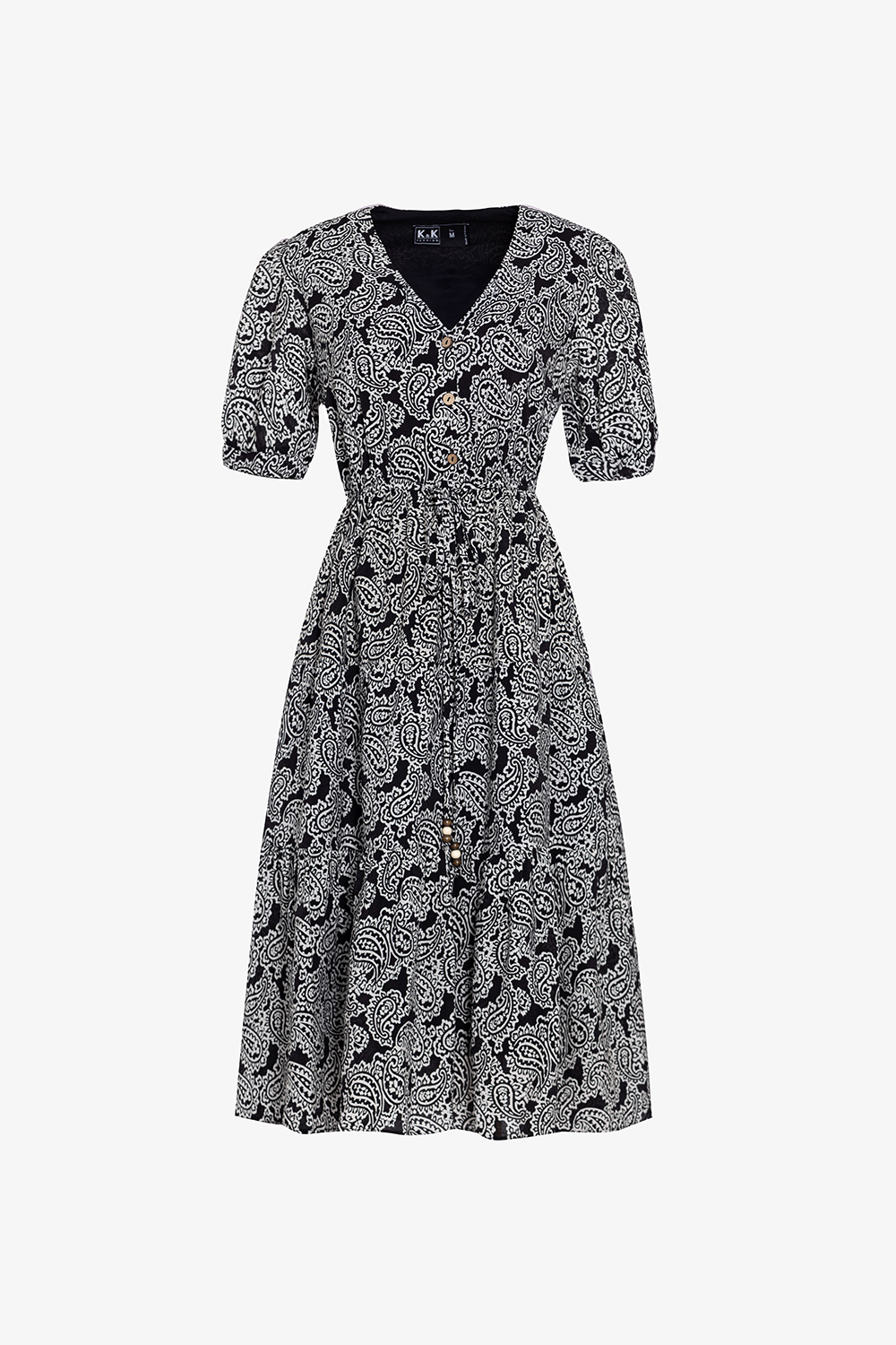 Đầm họa tiết trắng đen dáng xòe cổ V