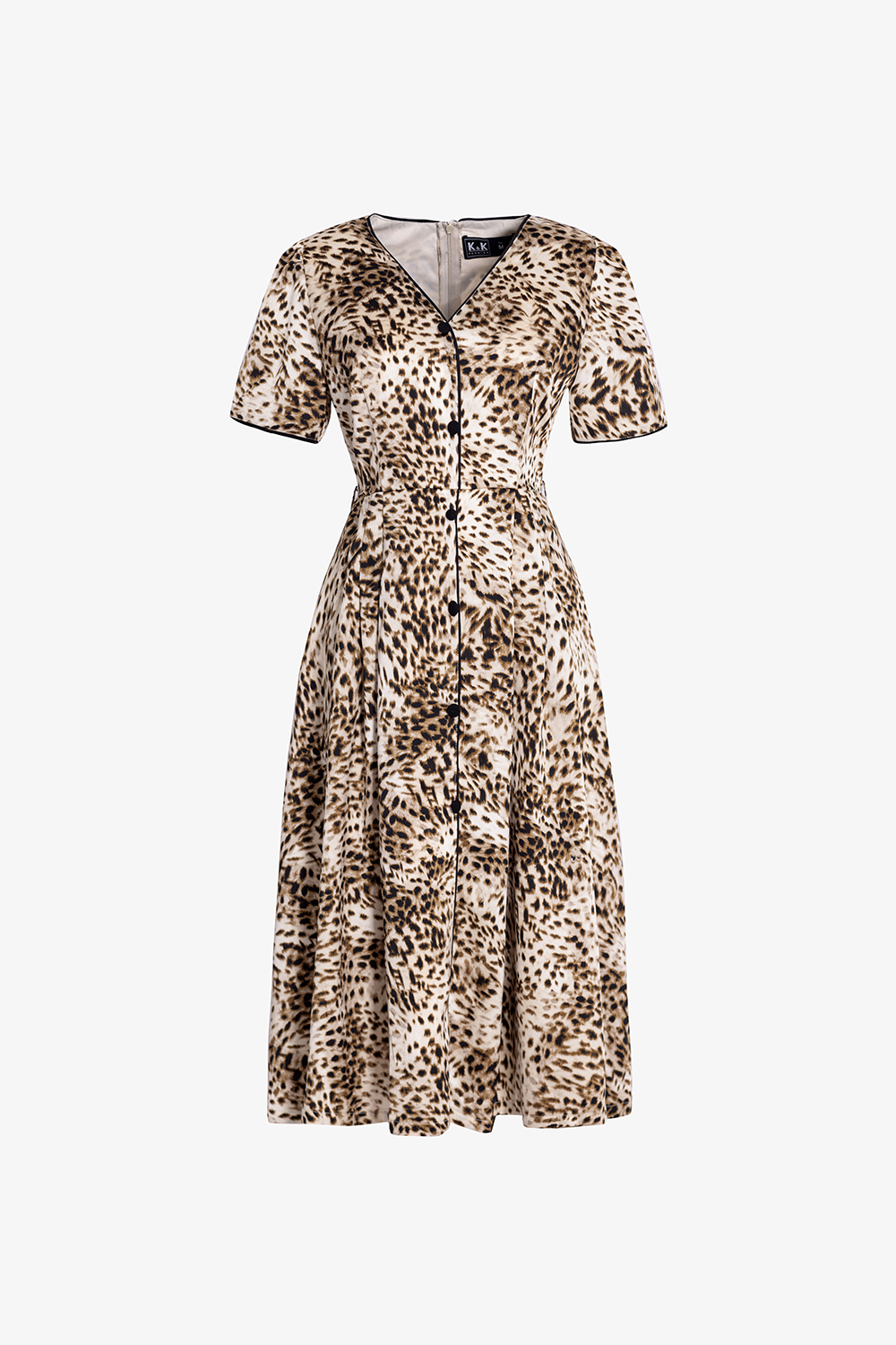 Đầm xòe họa tiết beo cổ V phối viền đen