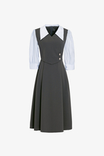 Đầm xoè công sở màu xám phối tay xanh