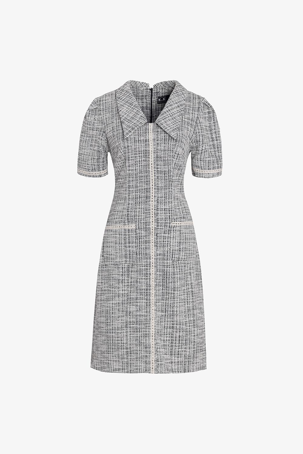 Đầm tweed chữ A cổ sen phối ren trắng