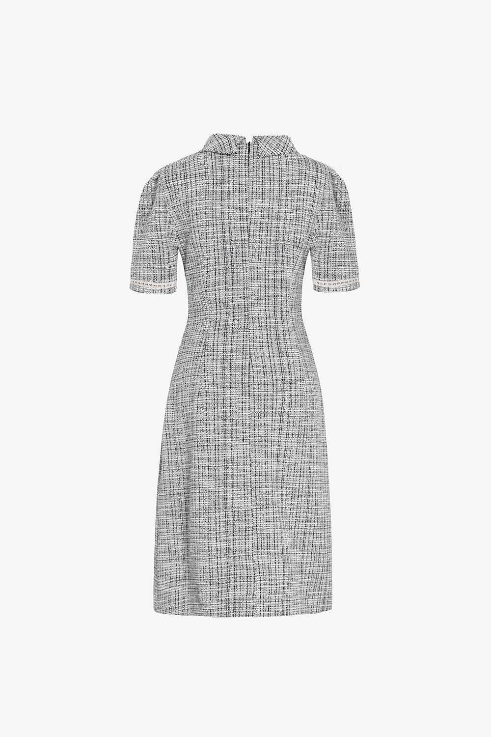 Đầm tweed chữ A cổ sen phối ren trắng