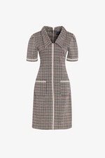 Đầm caro cổ sen phối viền đăng ten