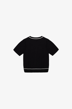 Áo len dệt kim màu đen cổ tròn phối viền trắng