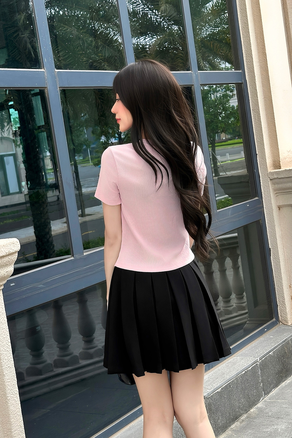 Áo thun gân cotton màu hồng phối nút