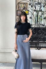 Áo thun gân cotton màu xanh đen viền trắng