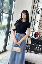 Áo thun gân cotton màu xanh đen viền trắng