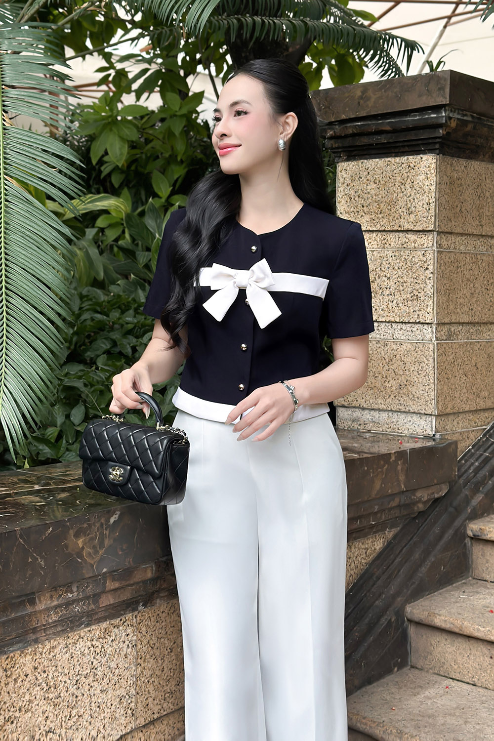 Áo công sở nữ phối nơ kaki nhung