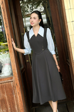 Đầm xoè công sở màu xám phối tay xanh