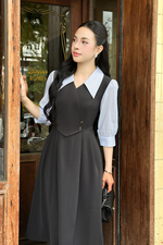 Đầm xoè công sở màu xám phối tay xanh