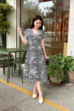 Đầm chữ A họa tiết ngựa vằn cổ V