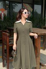 Đầm xòe công sở phối cổ sơ mi trắng