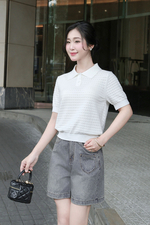 Áo len dệt kim màu trắng cổ polo