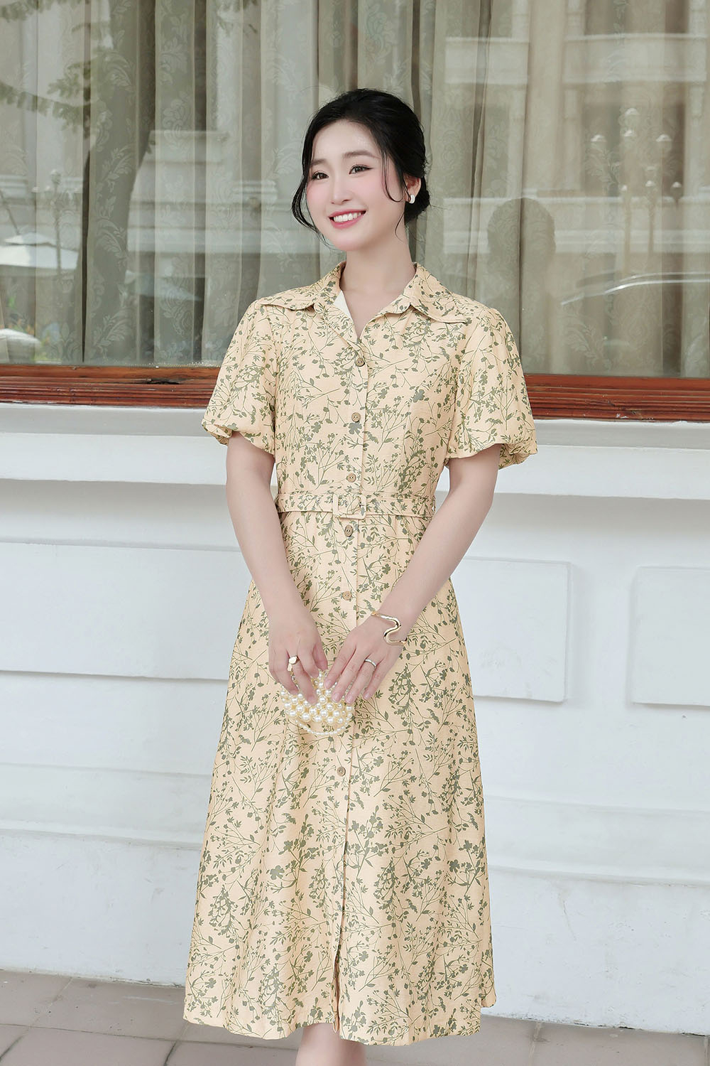 Đầm hoa nhí dáng xòe dài phối thắt lưng