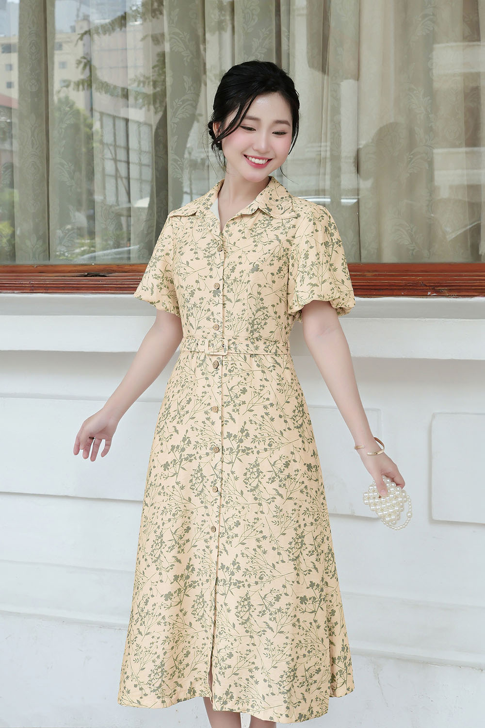 Đầm hoa nhí dáng xòe dài phối thắt lưng