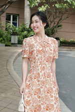 Đầm họa tiết dáng chữ A cổ thắt nơ