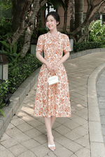 Đầm họa tiết dáng chữ A cổ thắt nơ