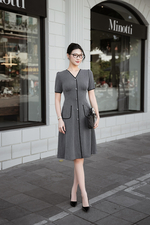 Đầm xòe công sở cổ V phối viền đen