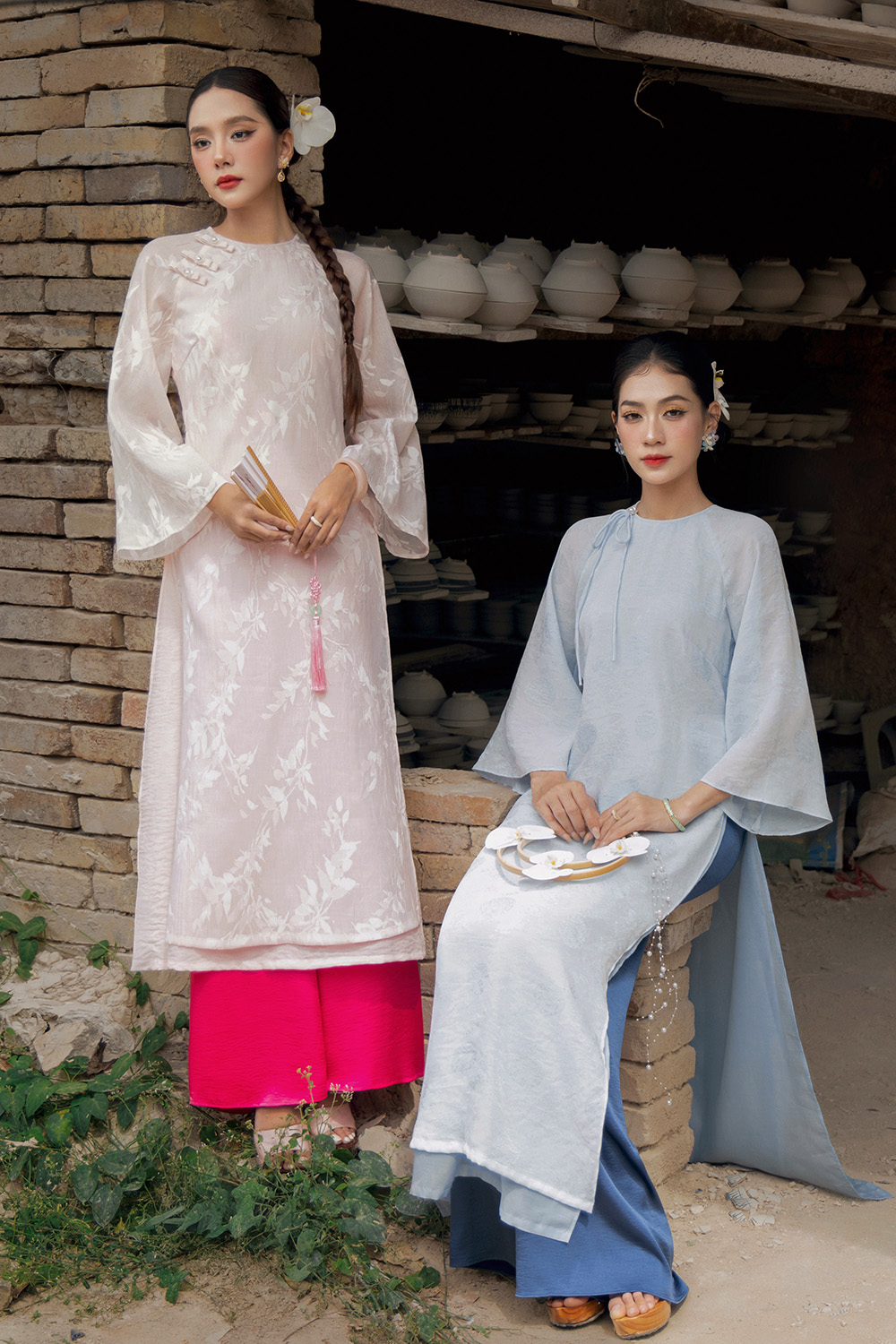 Quần lụa hồng đậm ống suông mặc áo dài