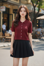 Áo thun dệt kim cổ polo màu đỏ đô