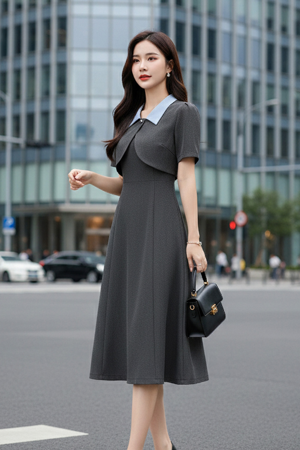 Đầm xòe phối giả áo khoác cổ sơ mi xanh