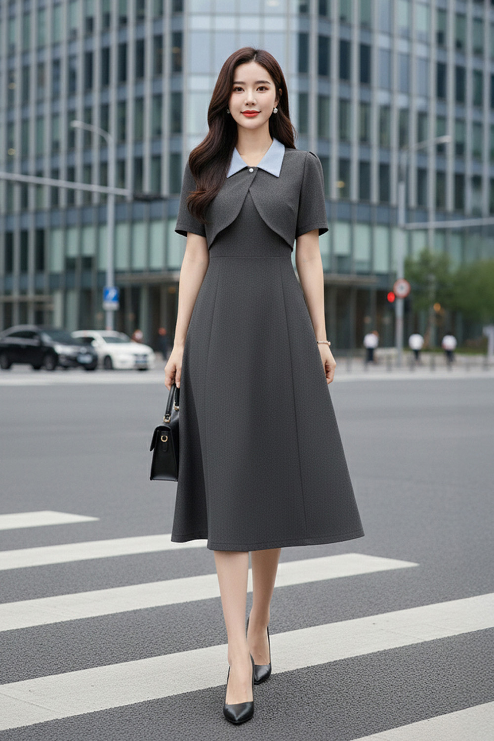 Đầm xòe phối giả áo khoác cổ sơ mi xanh