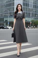 Đầm xòe phối giả áo khoác cổ sơ mi xanh