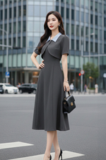 Đầm xòe phối giả áo khoác cổ sơ mi xanh