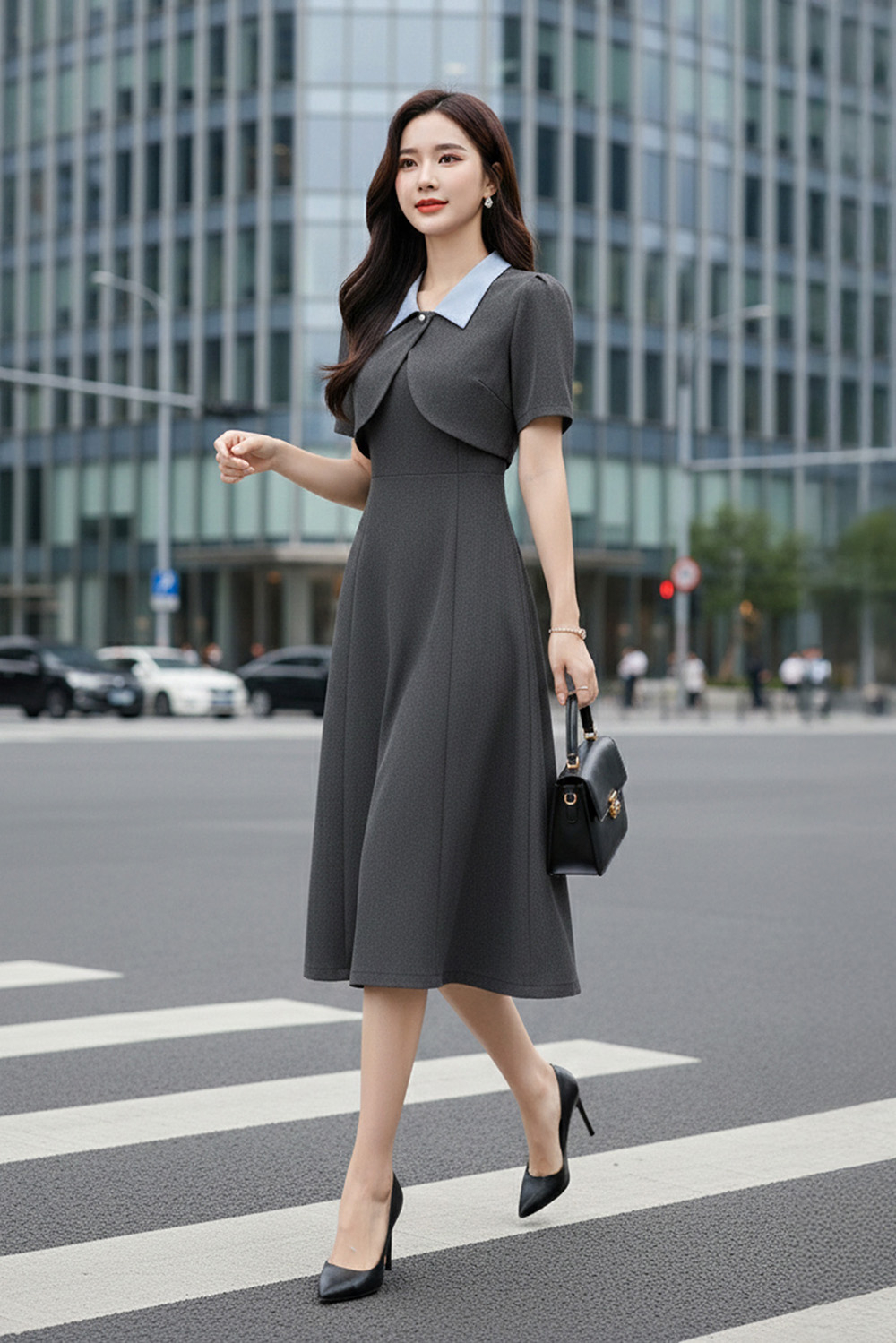 Đầm xòe phối giả áo khoác cổ sơ mi xanh