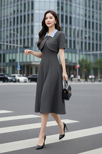 Đầm xòe phối giả áo khoác cổ sơ mi xanh