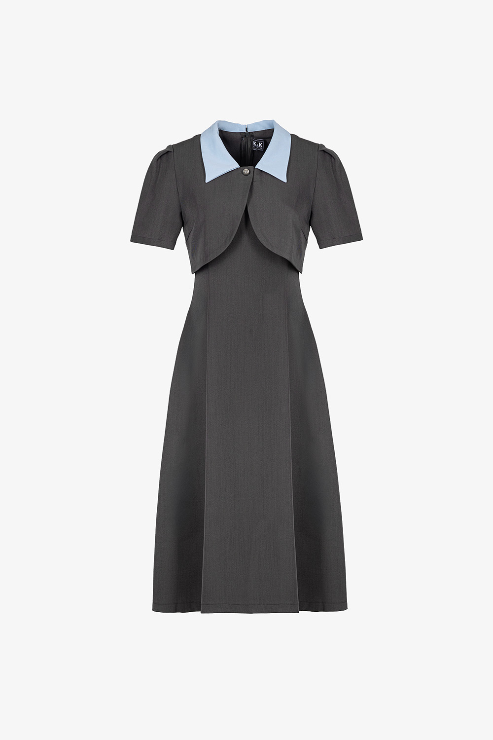 Đầm xòe phối giả áo khoác cổ sơ mi xanh