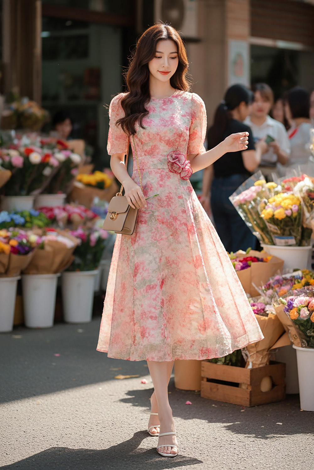 Đầm xoè hoa hồng đính hoa thủ công