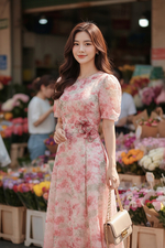 Đầm xoè hoa hồng đính hoa thủ công