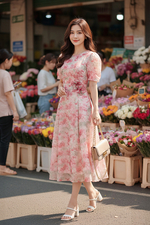 Đầm xoè hoa hồng đính hoa thủ công