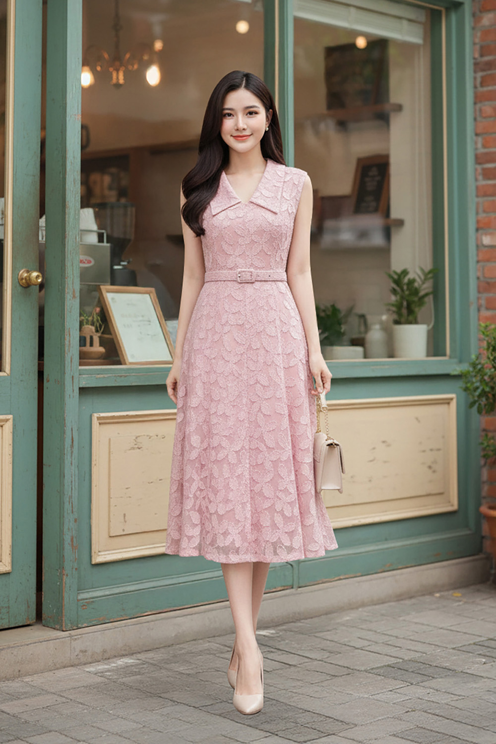 Đầm voan hoa nổi dáng chữ A sát nách