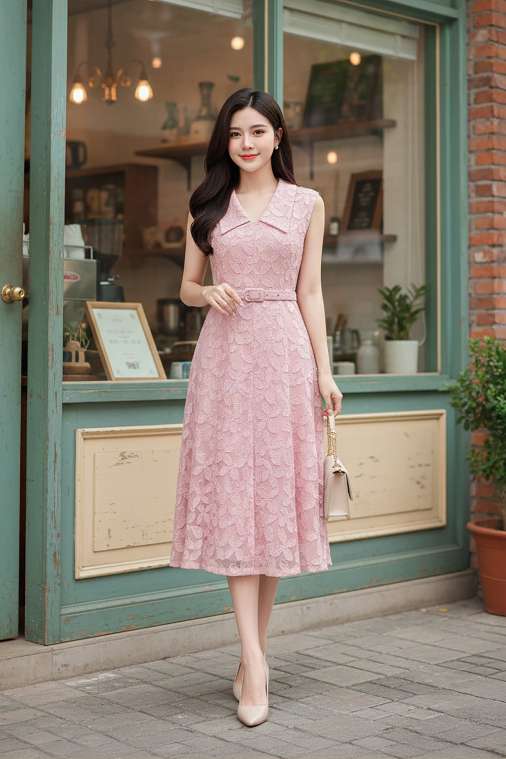 Đầm voan hoa nổi dáng chữ A sát nách