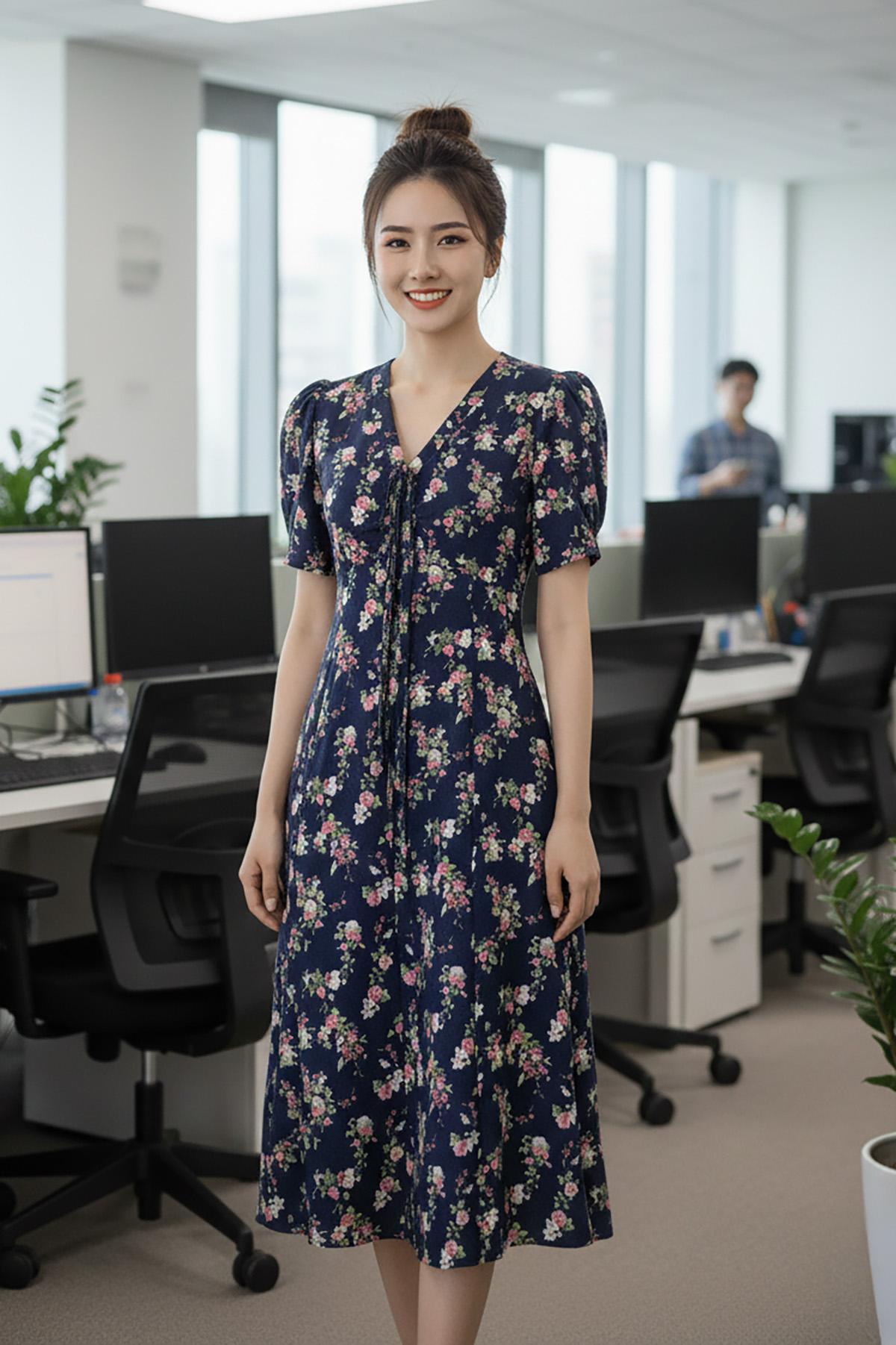 Đầm hoa chữ A cổ V phối nơ