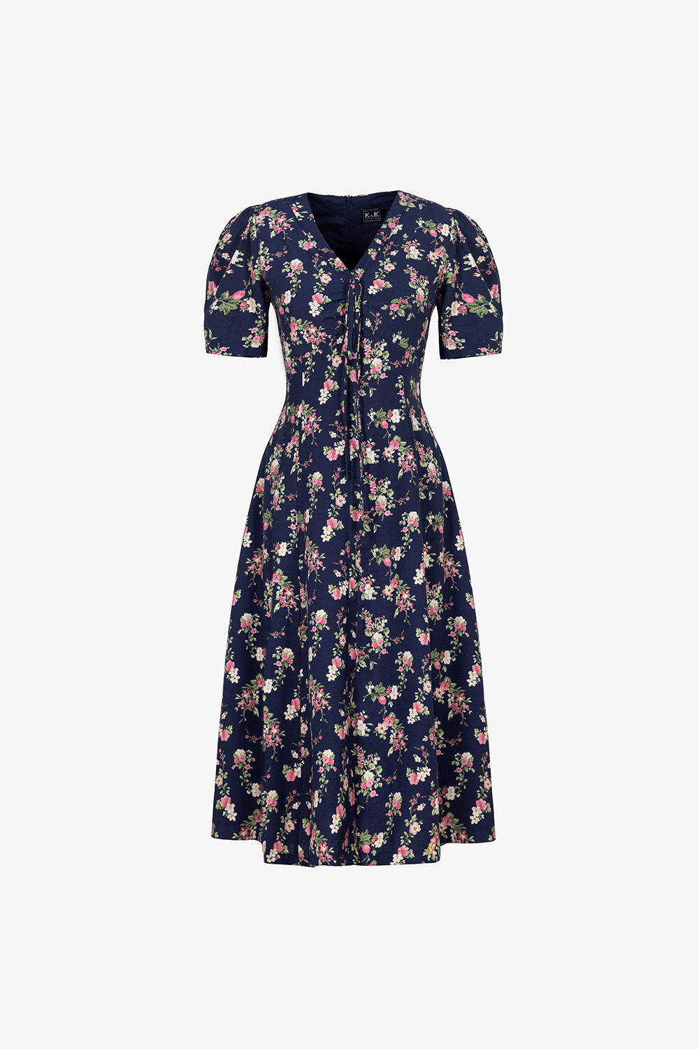 Đầm hoa chữ A cổ V phối nơ