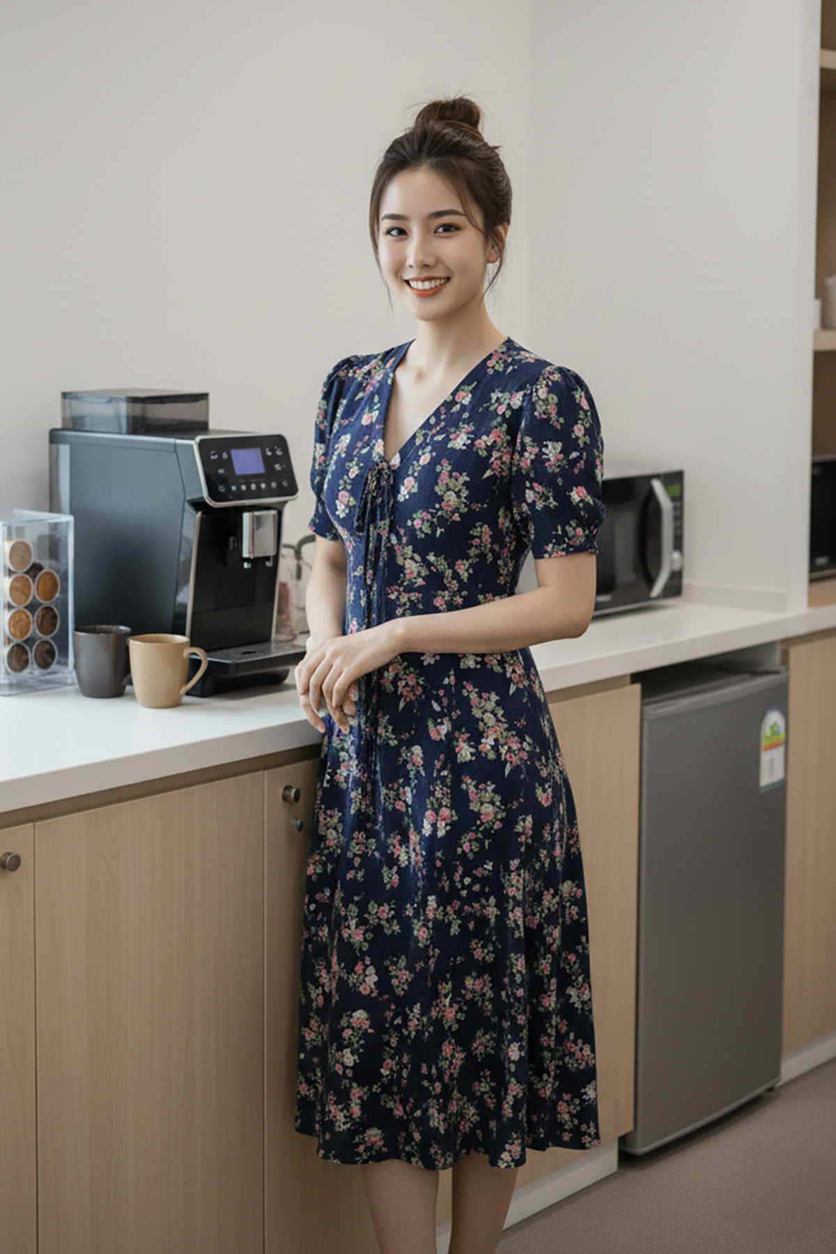 Đầm hoa chữ A cổ V phối nơ