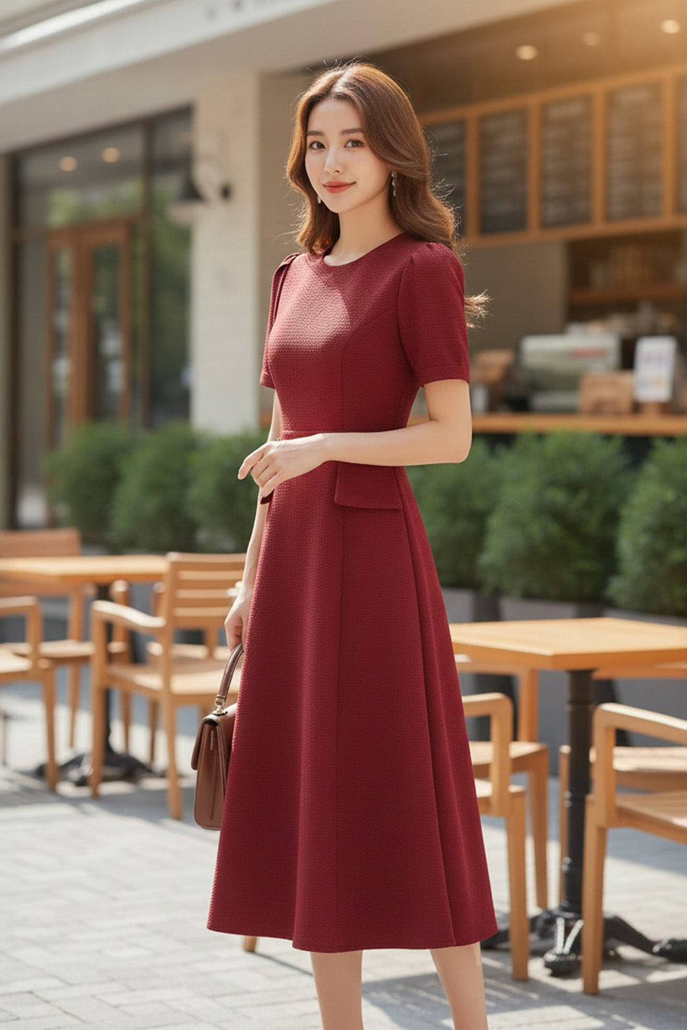 Đầm đỏ dáng xoè phối nắp túi