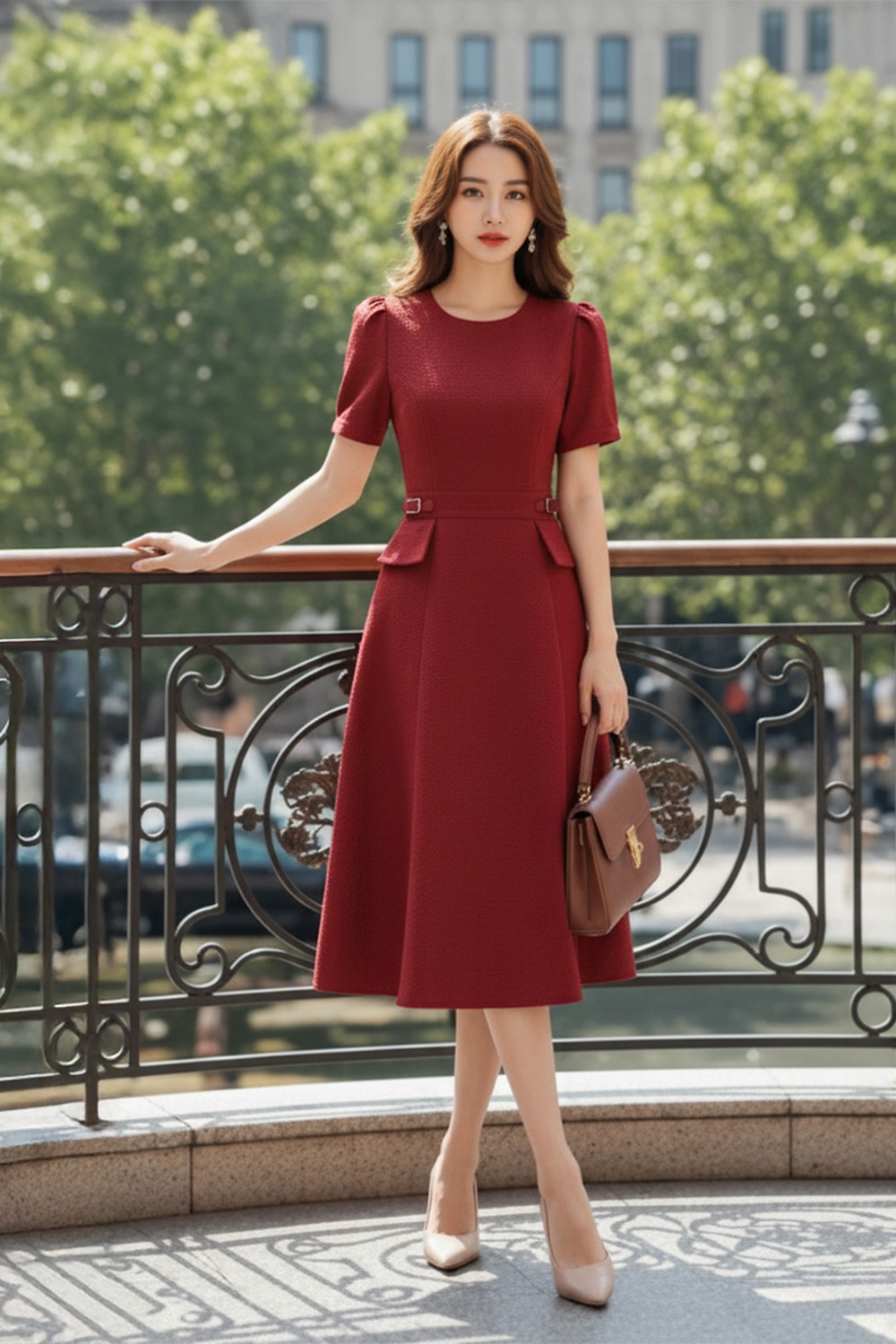 Đầm đỏ dáng xoè phối nắp túi