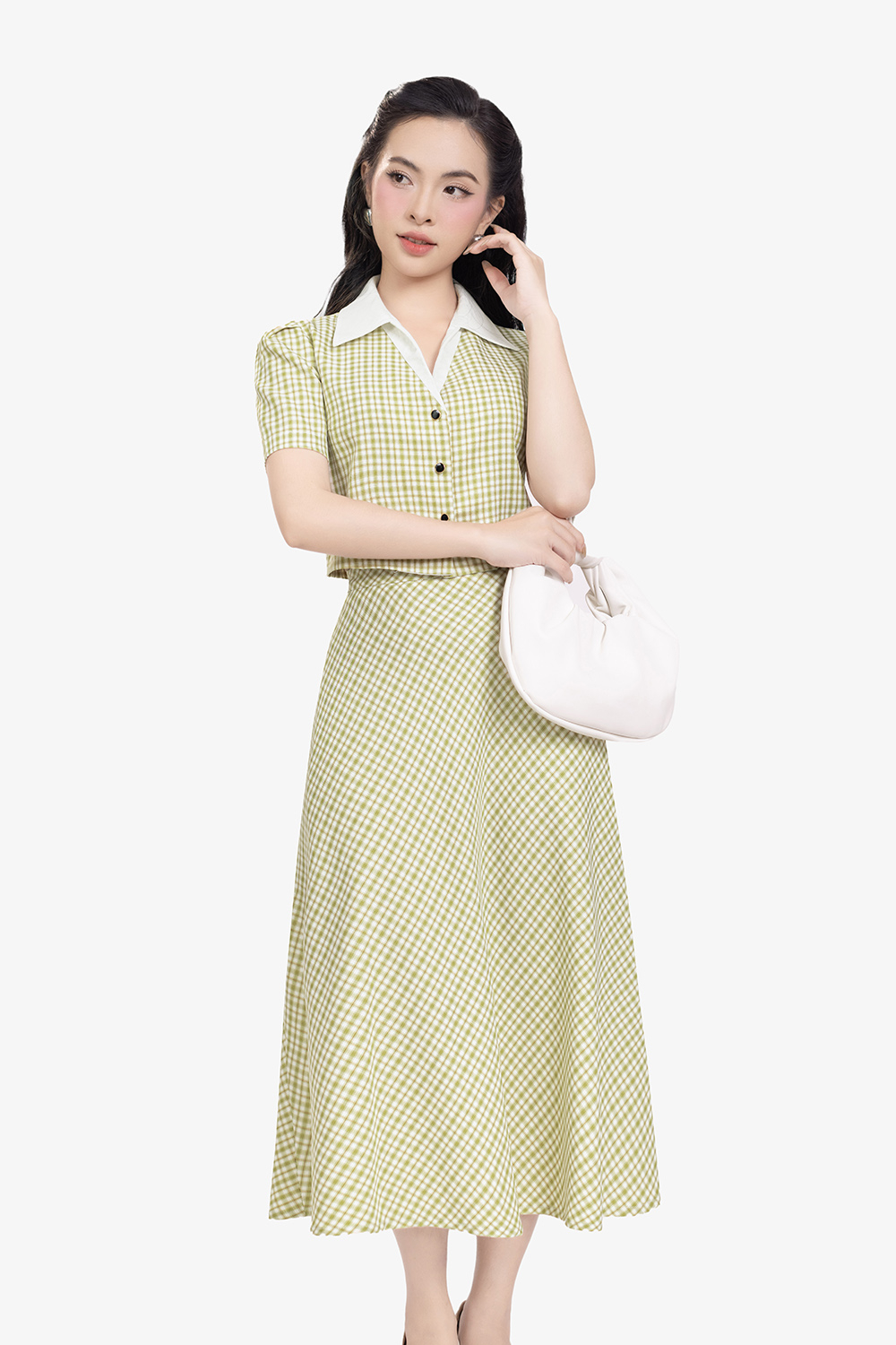 Chân váy xòe công sở caro nhí xanh