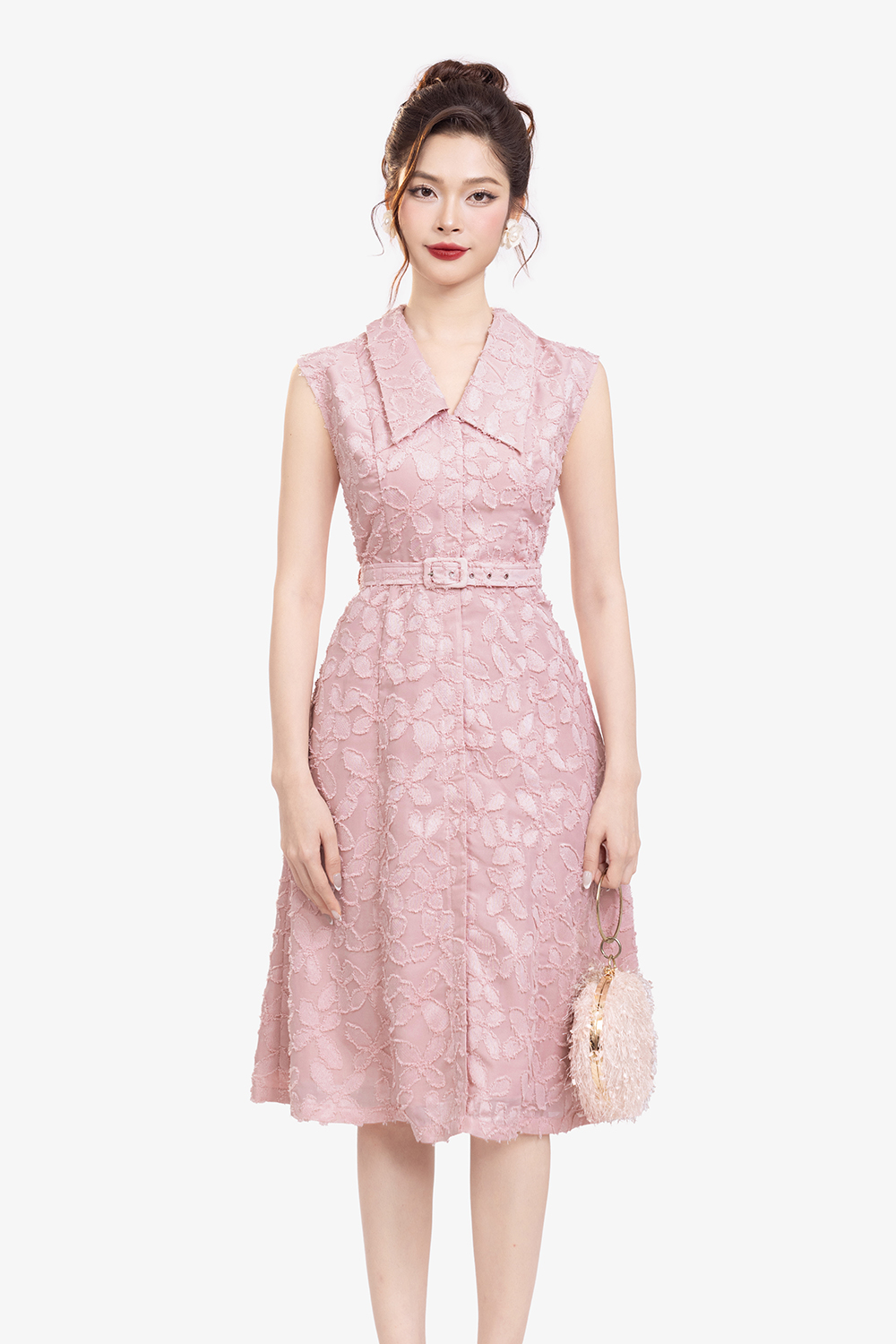 Đầm voan hoa nổi dáng chữ A sát nách