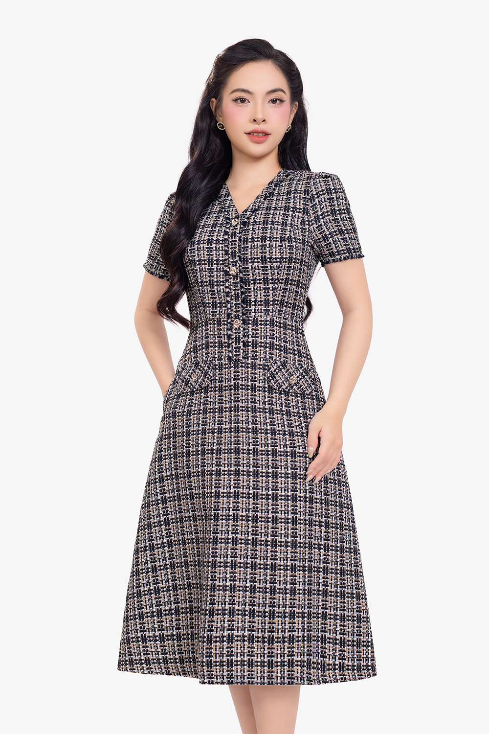 Đầm tweed chữ A cổ V tay ngắn