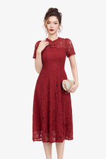 Đầm ren dự tiệc màu đỏ dáng xòe