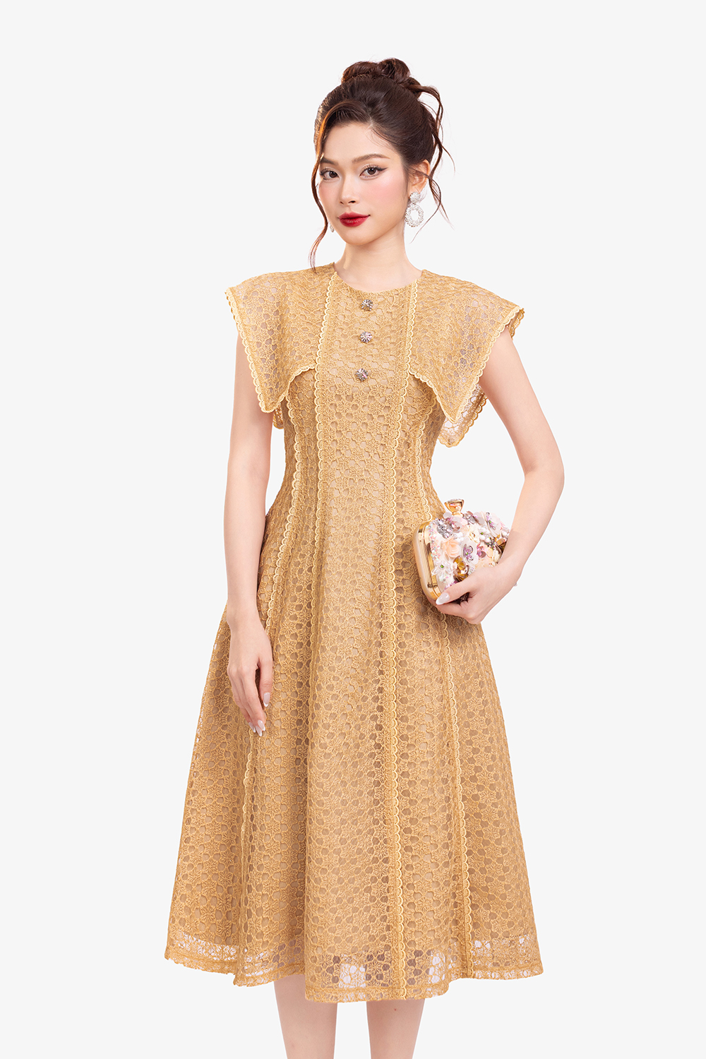 Đầm ren dự tiệc dáng xòe phối đăng ten